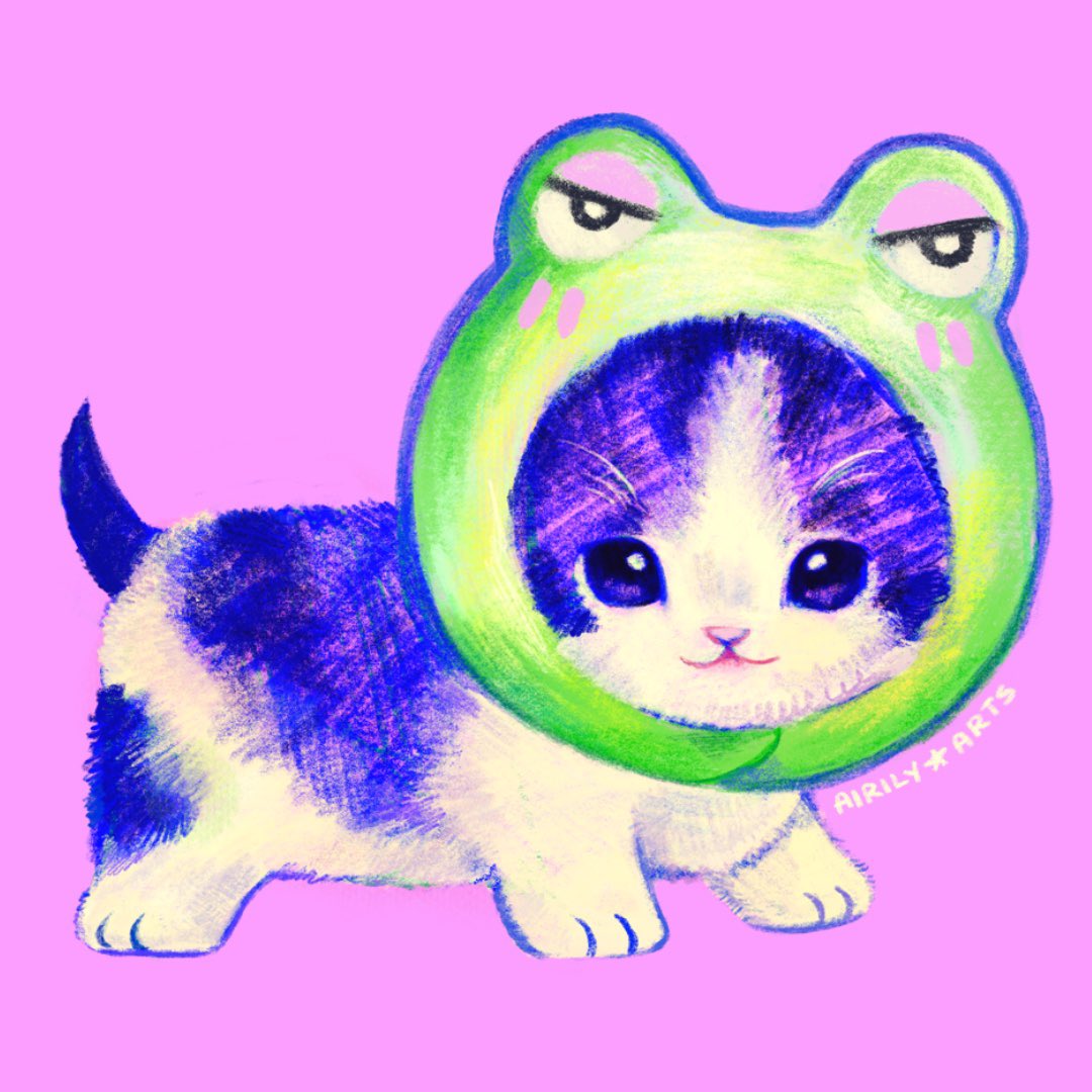 airily animal animal_focus animal_hood artist_name cat commentary english_commentary frog_hood hood kitten making-of_available no_humans original pastel_colors pink_background realistic simple_background solo whiskers