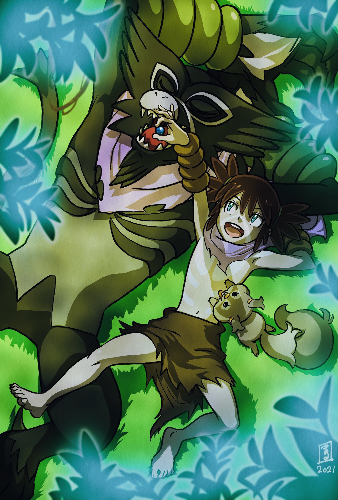 1boy arm_behind_head bangs barefoot brown_hair commentary_request feeding from_above gen_8_pokemon grass highres holding knees koko_(pokemon) loincloth lying male_focus marufuji_hirotaka mythical_pokemon navel on_back open_mouth outdoors pokemon pokemon_(anime) pokemon_(creature) pokemon_m23 skwovet teeth toes tongue zarude