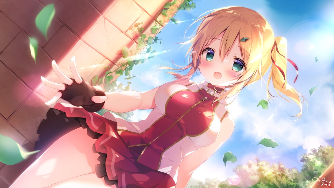 1girl :d artist_name bare_shoulders black_gloves blonde_hair blush breasts brick_wall commentary day dutch_angle fingerless_gloves gloves green_eyes hair_ribbon leaves_in_wind long_hair looking_at_viewer medium_breasts open_mouth ore_dake_haireru_kakushi_dungeon outdoors pleated_skirt red_ribbon red_shirt red_skirt ribbon shiratama_(shiratamaco) shirt side_ponytail signature skirt sleeveless sleeveless_shirt smile solo symbol_commentary