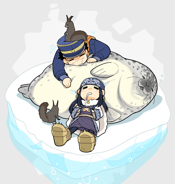 1boy 1girl ainu ainu_clothes animal asirpa bandana black_hair blue_bandana blue_coat blue_headwear brown_footwear buttons cape chibi coat commentary_request ear_piercing earrings facing_viewer full_body fur fur_cape golden_kamuy hands_together hat hoop_earrings ice imperial_japanese_army jewelry kepi long_hair long_sleeves military military_hat military_uniform onnomono open_mouth piercing saliva saliva_trail scar scar_on_cheek scar_on_face scar_on_nose scarf seal short_hair sidelocks simple_background sleeping spiky_hair squirrel star_(symbol) sugimoto_saichi two-tone_headwear uniform wide_sleeves yellow_headwear yellow_scarf