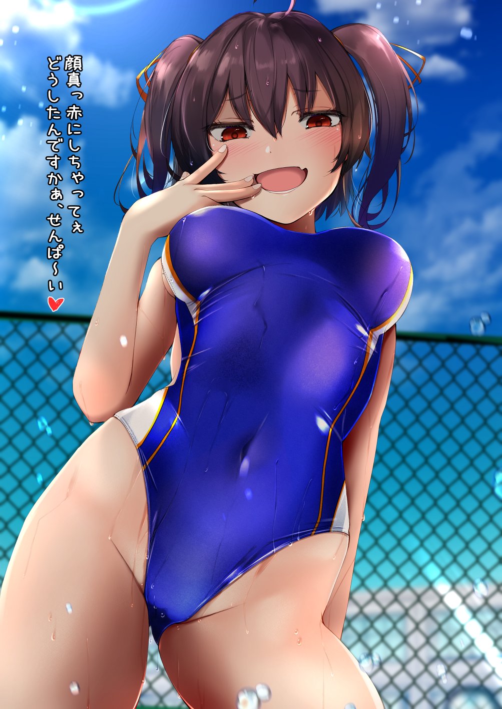 1girl blush breasts brown_hair competition_swimsuit fang grin highleg highleg_swimsuit highres kuro_yanagi medium_breasts navel one-piece_swimsuit orange_eyes original outdoors short_twintails smile smug solo swimsuit twintails wet