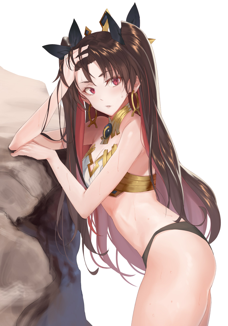 armlet crown duplicate earrings fate/grand_order fate_(series) hair_ribbon highres ishtar_(fate)_(all) ishtar_(fate/grand_order) jewelry kabocha_(monkey4) long_hair long_legs looking_at_viewer neck_ring red_eyes ribbon rock shiny shiny_hair shiny_skin sweat twintails two_side_up