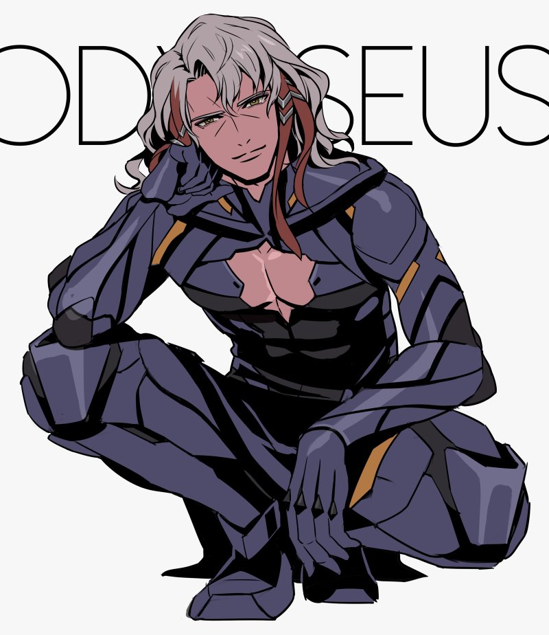 1boy armor bangs bare_pecs black_armor bv_illust cleavage_cutout clothing_cutout fate/grand_order fate_(series) gloves hand_on_own_face kneeling looking_at_viewer male_focus messy_hair multicolored_hair odysseus_(fate/grand_order) pectorals redhead short_hair shoulder_armor smile solo spaulders streaked_hair toned toned_male white_hair yellow_eyes