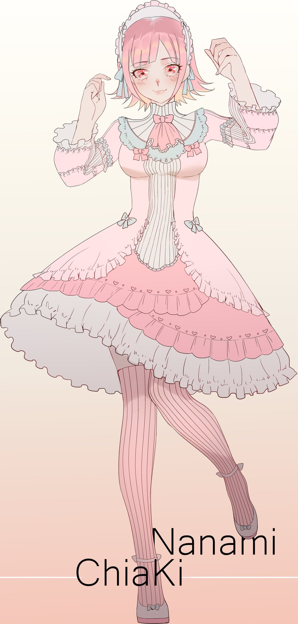 1girl :3 alternate_costume bangs beige_background blush bow character_name commentary_request dangan_ronpa_(series) dangan_ronpa_2:_goodbye_despair dress frilled_dress frills full_body gradient gradient_background hairband hands_up heart heart_print highres layered_dress leg_up light_brown_hair long_sleeves looking_at_viewer nanami_chiaki pink_bow pink_dress pink_eyes pink_legwear shoes smile solo striped striped_legwear thigh-highs tuteurfars_shin