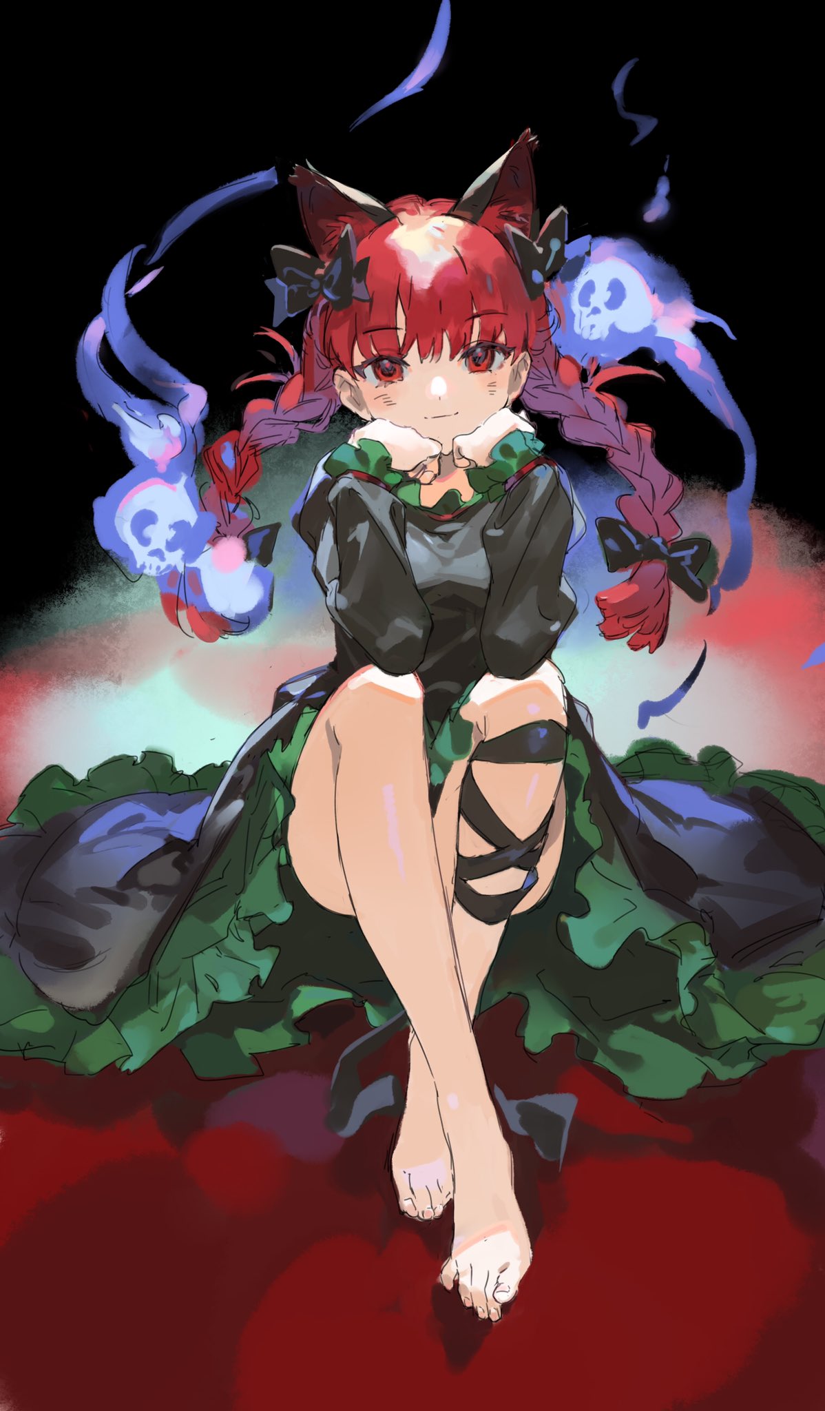 1girl animal_ears bangs barefoot black_background black_bow black_ribbon bow braid cat_ears commentary dress eyebrows_visible_through_hair feet frilled_dress frilled_sleeves frills full_body green_dress hair_bow hands_on_own_cheeks hands_on_own_face highres hitodama iovebly kaenbyou_rin knees_up leg_ribbon long_sleeves looking_at_viewer medium_hair red_eyes redhead ribbon simple_background sitting skull smile solo touhou twin_braids