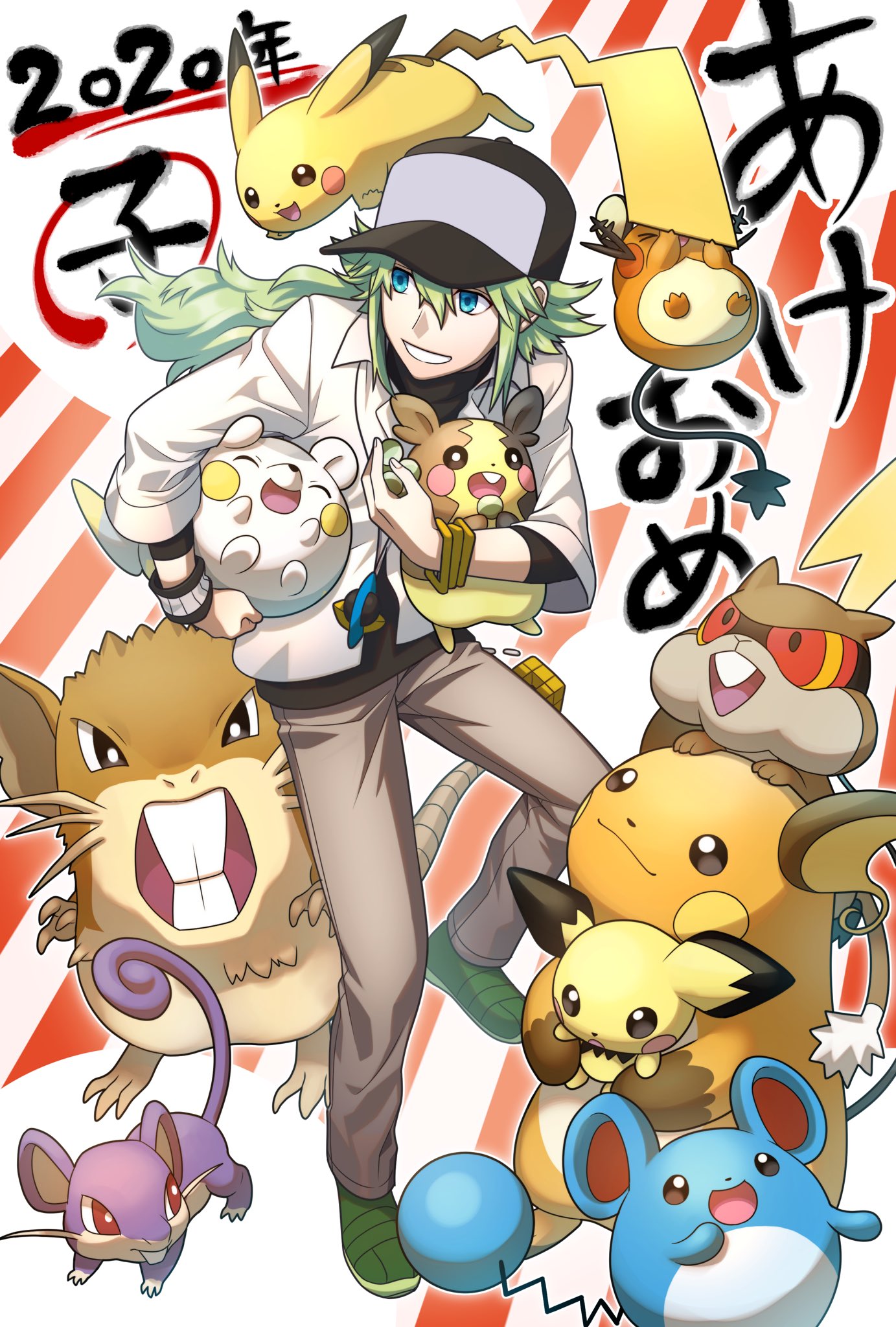 1boy 2020 bangle bangs blue_eyes bracelet collared_shirt commentary_request dedenne gen_1_pokemon gen_2_pokemon gen_5_pokemon gen_6_pokemon gen_7_pokemon gen_8_pokemon green_footwear green_hair highres holding holding_pokemon jewelry long_hair male_focus marill morpeko morpeko_(full) n_(pokemon) nagiru necklace pants patrat pichu pikachu pokemon pokemon_(creature) pokemon_(game) pokemon_bw raichu raticate rattata shirt shoes smile togedemaru undershirt white_shirt