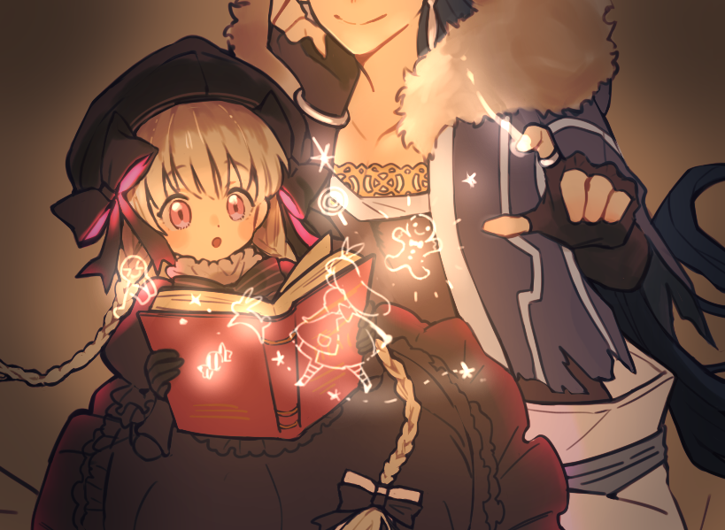 1boy 1girl blue_hair book braid capelet casting_spell child cu_chulainn_(fate)_(all) cu_chulainn_(fate/grand_order) earrings fate/extra fate/grand_order fate_(series) fur-trimmed_hood fur_trim hair_ribbon hat holding holding_book hood hood_down hooded_capelet jewelry long_hair mog_pero nursery_rhyme_(fate/extra) open_mouth ribbon silver_hair skirt smile twintails type-moon violet_eyes