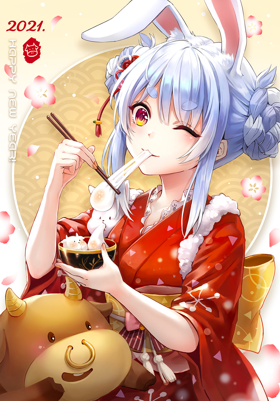 1girl 2021 ;3 akatachibana alternate_costume animal_ear_fluff animal_ears bangs blue_hair blush bowl braid braided_bun breasts chinese_zodiac chopsticks commentary_request cow double_bun eating eyebrows_visible_through_hair floral_background flower flower_request highres holding holding_bowl holding_chopsticks hololive japanese_clothes kimono long_hair looking_down mochi mochi_trail multicolored_hair nail_polish new_year nose_piercing nose_ring one_eye_closed orange_eyes orange_nails piercing rabbit_ears red_flower red_kimono sidelocks silver_hair sleeves_past_elbows small_breasts solo thick_eyebrows two-tone_hair upper_body usada_pekora v-shaped_eyebrows virtual_youtuber wide_sleeves year_of_the_ox