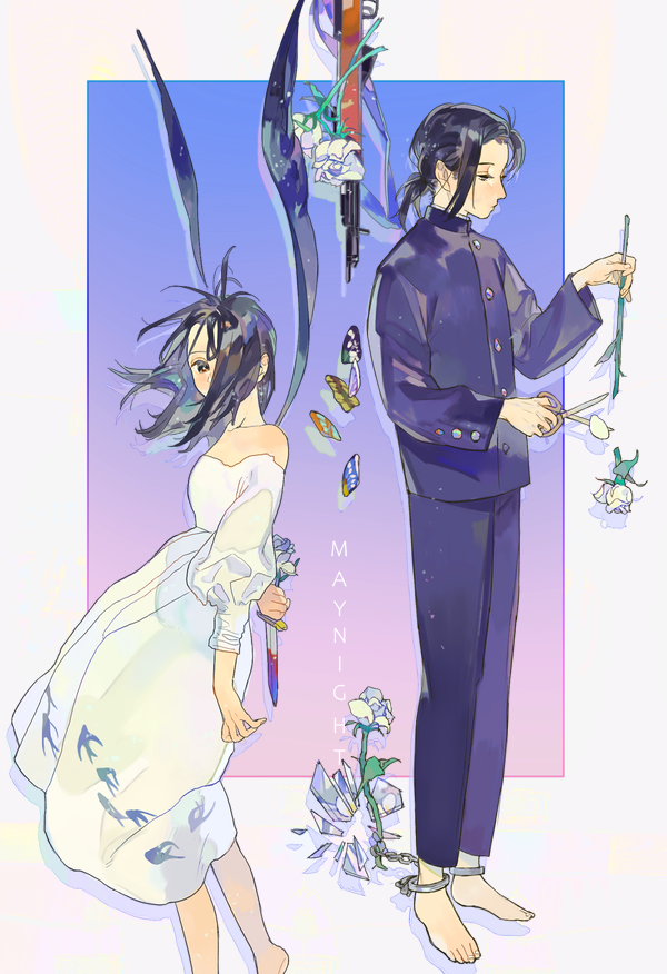 1boy 1girl barefoot black_hair black_jacket black_pants butterfly_wings dress flower gradient gradient_background hair_over_one_eye holding holding_scissors jacket kuribulb long_hair long_sleeves original pants ponytail profile puffy_long_sleeves puffy_sleeves scissors shadow white_dress white_flower wings