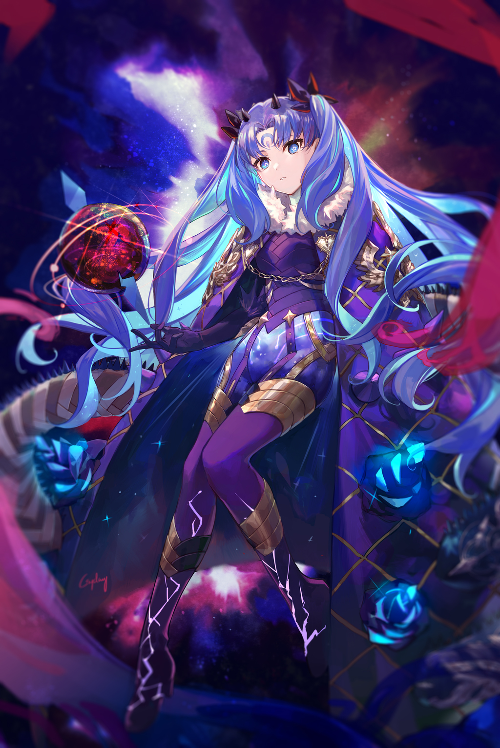 1girl bangs blue_bodysuit blue_cloak blue_eyes blue_hair bodysuit breasts cloak csyday facial_mark fate/grand_order fate_(series) forehead_mark fur-trimmed_cloak fur_trim hair_ribbon highres horns ishtar_(fate)_(all) legs long_hair looking_at_viewer medium_breasts multicolored_hair orb parted_bangs ribbon space_ishtar_(fate) symbol-shaped_pupils two-tone_hair two_side_up