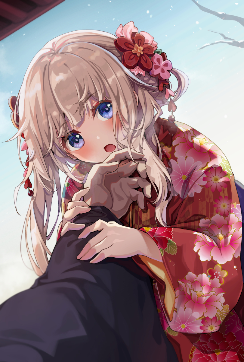 1boy 1girl :o arm_grab bangs blue_eyes blue_sky blush brown_hair commentary_request day eyebrows_visible_through_hair floral_print flower hair_flower hair_ornament highres japanese_clothes kimono long_hair long_sleeves looking_at_viewer open_mouth original out_of_frame outdoors pov print_kimono red_flower red_kimono ruri_rarako simple_background sky solo_focus tree_branch wide_sleeves yagasuri