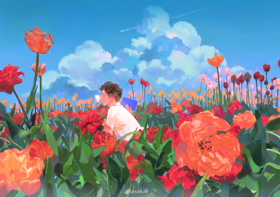 1boy blue_sky bug butterfly clouds cloudy_sky field flower flower_field insect insect_on_nose kuribulb leaf orange_flower original pink_flower plant red_flower shirt short_sleeves signature sky solo white_shirt wide_shot