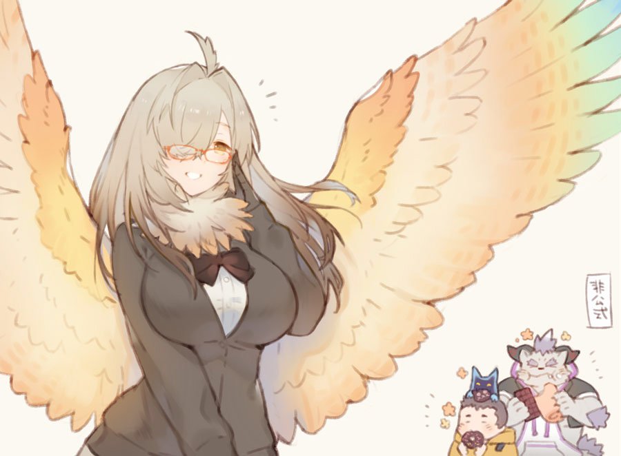 1girl 3boys adjusting_eyewear ahoge animal_hand bow bowtie breasts brown_hair cake candy character_request chocolate chocolate_bar commentary_request doughnut eating feathered_wings feathers food gradient_hair grey_hair harpy large_breasts monster_girl multicolored_hair multiple_boys neck_ruff one_eye_covered orange_feathers red-framed_eyewear simple_background swiss_roll tokyo_houkago_summoners white_background wings yellow_eyes yellow_feathers zhuzi ziz_(tokyo_houkago_summoners)