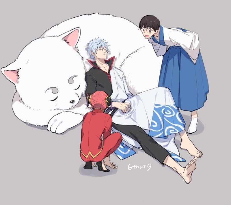 1girl 2boys 6tnut9 :d animal artist_name barefoot black_footwear black_hair black_pants black_shirt blue_hair blue_hakama bun_cover chinese_clothes closed_eyes commentary_request dog double_bun gintama glasses grey_background hadanugi_dousa hakama japanese_clothes kagura_(gintama) kimono leaning_forward long_sleeves multiple_boys no_shoes open_mouth orange_hair pants red_pants red_shirt sadaharu sakata_gintoki shadow shimura_shinpachi shirt shoe_soles shoes short_sleeves signature simple_background smile socks soles squatting standing tabi white_kimono white_legwear wide_sleeves