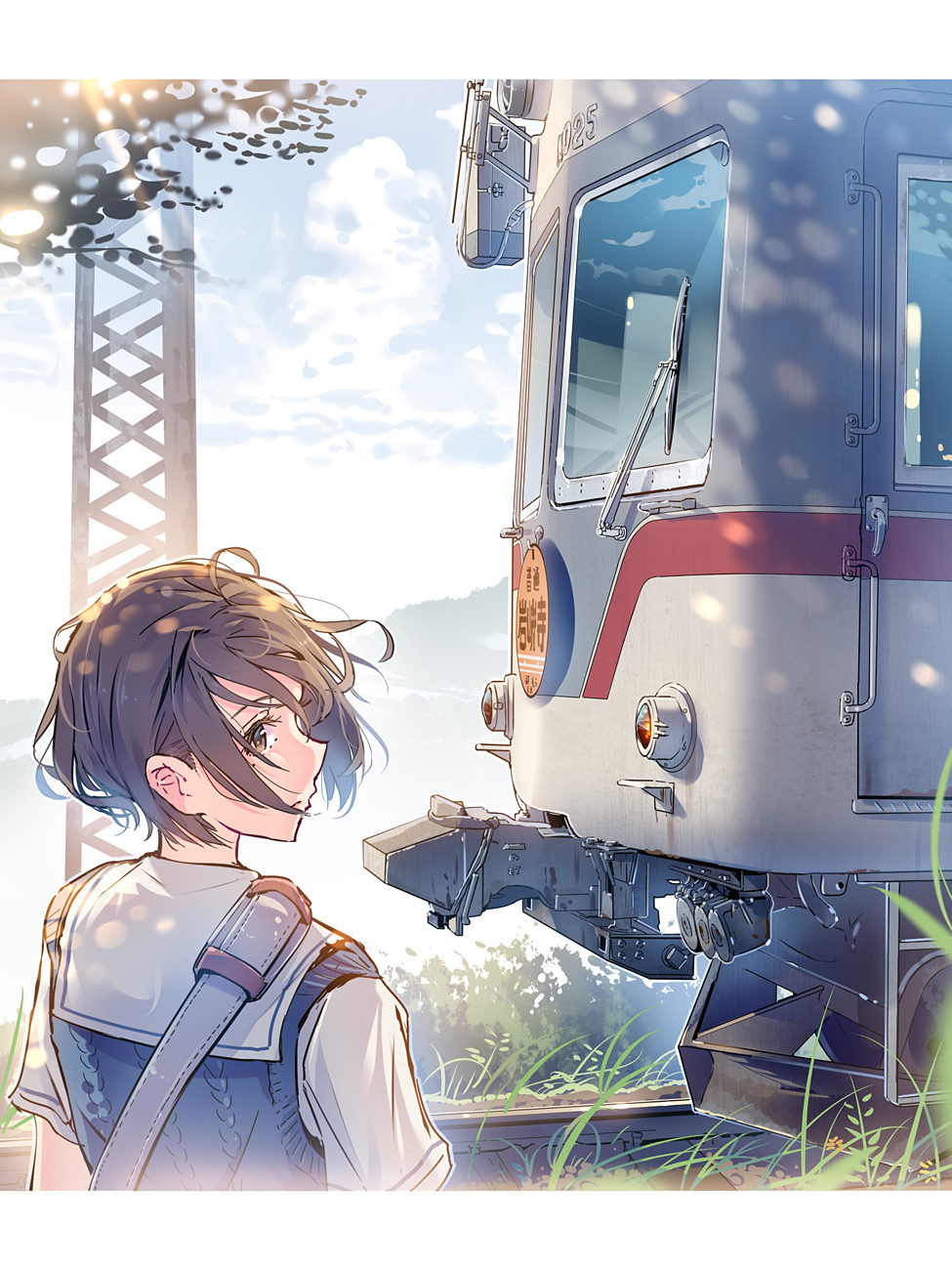 1girl brown_eyes brown_hair daito day from_behind ground_vehicle highres looking_back original outdoors short_hair solo sweater_vest train upper_body wind