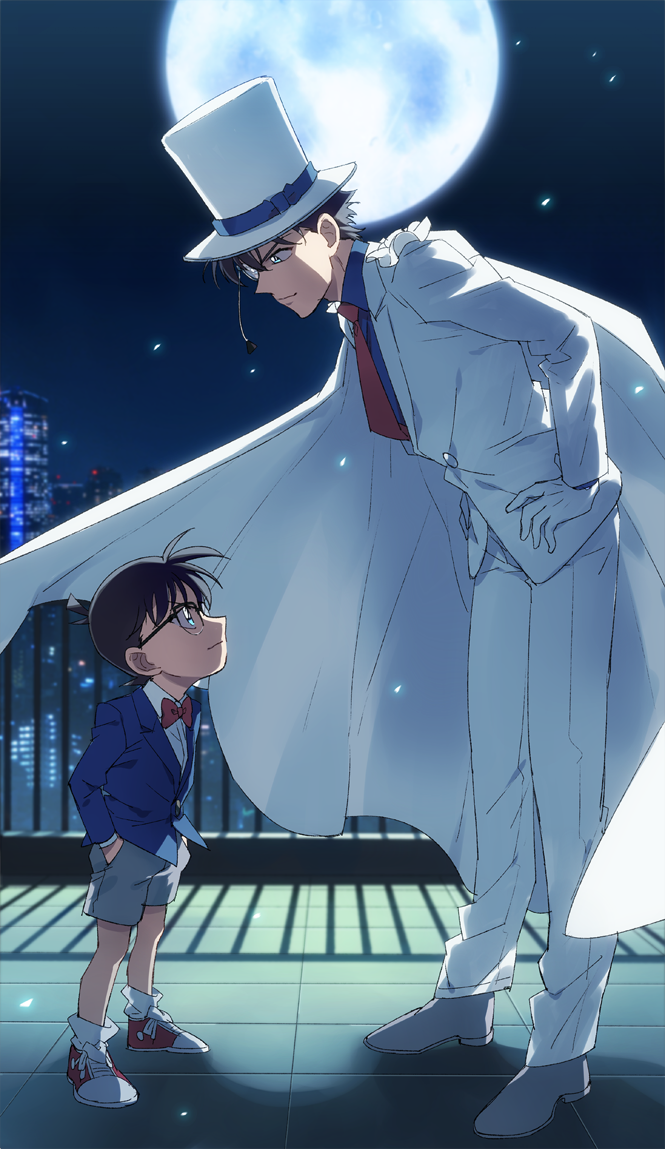 2boys bangs blazer blue_eyes blue_shirt bow bowtie brown_hair building cape child closed_mouth collared_shirt commentary_request dress_shirt edogawa_conan eye_contact formal from_side full_body full_moon glasses gloves grey_footwear grey_shorts hair_between_eyes hand_in_pocket hands_on_hips hat height_difference jacket k_gear_labo kaitou_kid leaning_forward long_sleeves looking_at_another magic_kaito male_focus meitantei_conan monocle moon multiple_boys necktie pants railing red_bow red_neckwear shadow shirt shoes short_hair shorts skyscraper smirk sneakers standing suit top_hat white_cape white_footwear white_gloves white_jacket white_pants white_shirt white_suit