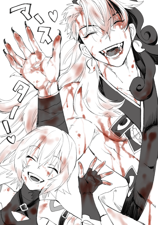 00e_fgo 1boy 1girl alternate_hairstyle ashiya_douman_(fate) asymmetrical_hair black_eyes black_hair blood blood_from_mouth blood_on_face blood_stain bloody_clothes bloody_hands curly_hair earrings fangs fate/grand_order fate_(series) fingernails hair_between_eyes hair_intakes jack_the_ripper_(fate/apocrypha) jewelry long_hair looking_at_viewer magatama magatama_earrings multicolored_hair official_alternate_costume pectorals sharp_fingernails single_bare_shoulder smile spot_color translation_request two-tone_hair very_long_fingernails very_long_hair waving white_hair