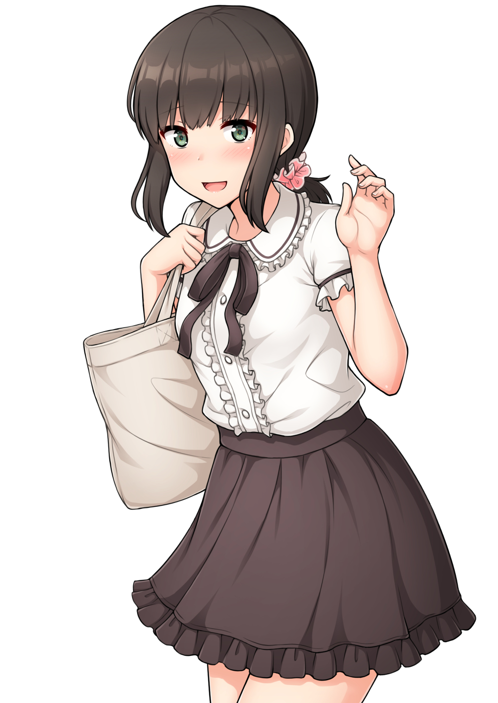 1girl alternate_costume bag black_hair black_skirt blouse casual commentary_request cowboy_shot frilled_blouse frilled_skirt frills fubuki_(kantai_collection) green_eyes hair_ornament hair_scrunchie highres kantai_collection long_hair looking_at_viewer low_ponytail nakamura_sumikage pink_scrunchie ponytail scrunchie short_ponytail sidelocks simple_background skirt smile solo white_background white_blouse