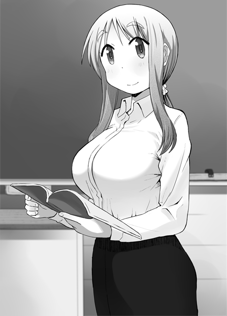 1girl bangs book breasts chalkboard classroom closed_mouth collared_shirt commentary_request cowboy_shot eyebrows_visible_through_hair greyscale holding holding_book indoors katatsuka_kouji large_breasts long_hair long_sleeves looking_at_viewer matsumoto_yoriko monochrome open_book pencil_skirt ponytail shirt skirt smile solo standing teacher yuyushiki