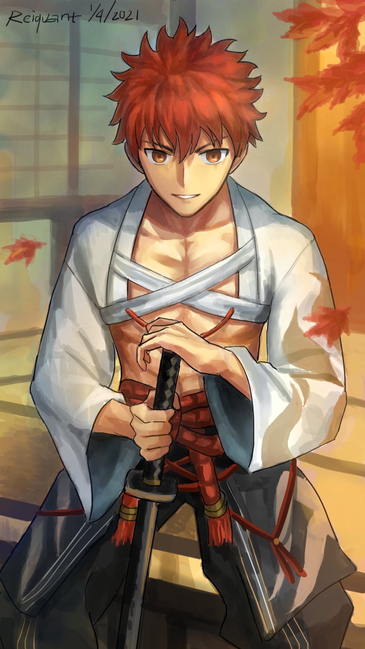 1boy artist_name autumn_leaves dated fate/grand_order fate_(series) grin hand_on_weapon highres holding holding_sword holding_weapon katana leaf looking_at_viewer male_focus nagatekkou orange_eyes pectorals redhead reiquant rope sengo_muramasa_(fate) shimenawa sitting smile solo sword weapon wide_sleeves