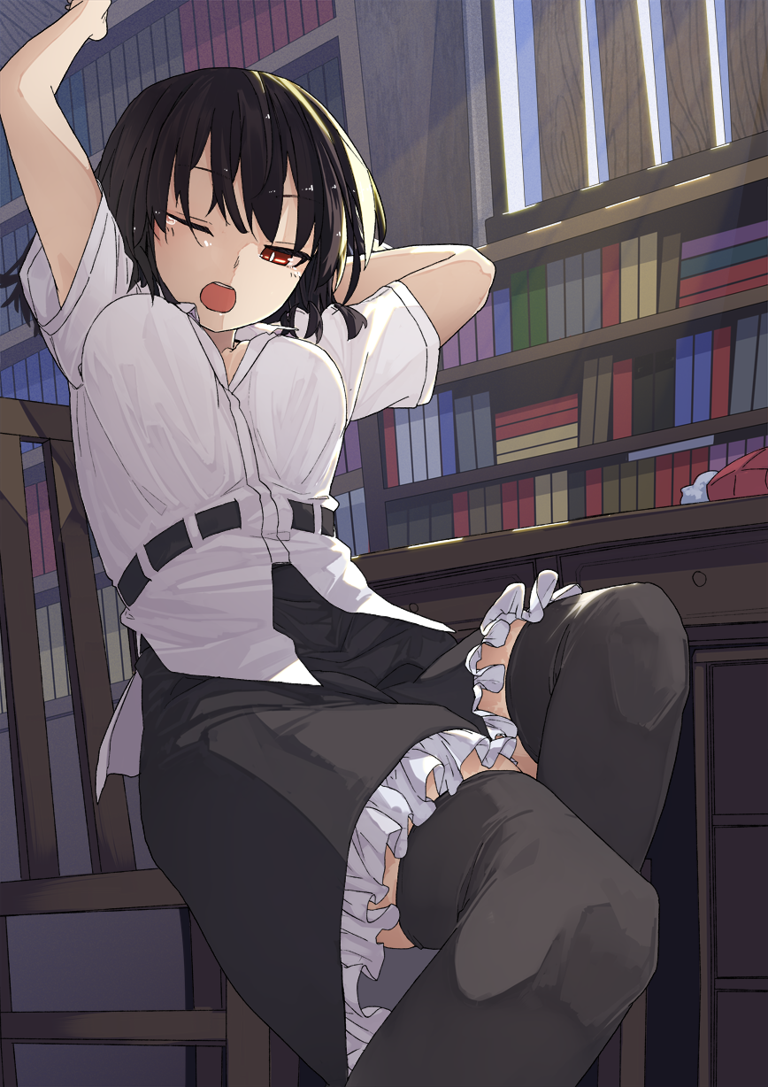 1girl arms_up belt black_hair black_legwear black_skirt bookshelf breasts bright_pupils chair day desk feet_out_of_frame from_below futatsuki_eru hat hat_removed headwear_removed highres indoors leg_lift looking_at_viewer medium_breasts one_eye_closed open_mouth over-kneehighs petticoat puffy_short_sleeves puffy_sleeves red_eyes shameimaru_aya shirt short_hair short_sleeves sitting skirt solo stretch thigh-highs tokin_hat touhou untucked_shirt upper_teeth white_pupils white_shirt window yawning