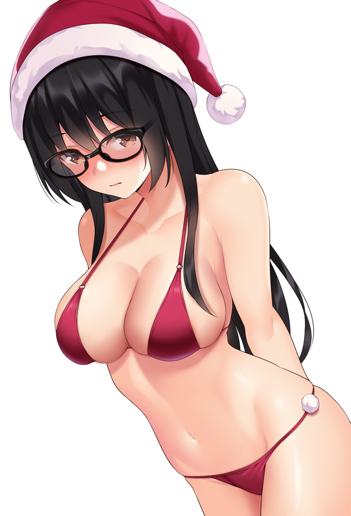 1girl arms_behind_back bangs bikini black-framed_eyewear black_hair breasts brown_eyes collarbone commentary_request eyebrows_visible_through_hair fur-trimmed_headwear glasses hat huyumitsu long_hair looking_at_viewer medium_breasts navel original red_bikini red_headwear santa_hat simple_background solo standing straight_hair swimsuit white_background