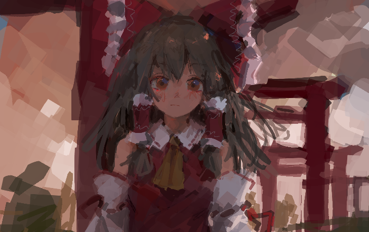 1girl ascot bangs bare_shoulders blush bow breasts brown_eyes brown_hair closed_mouth detached_sleeves expressionless eyebrows_visible_through_hair hair_between_eyes hair_bow hair_tubes hakurei_reimu long_hair looking_at_viewer orange_sky outdoors red_bow red_vest reddizen ribbon-trimmed_sleeves ribbon_trim sidelocks sky small_breasts solo torii touhou twilight upper_body vest yellow_neckwear