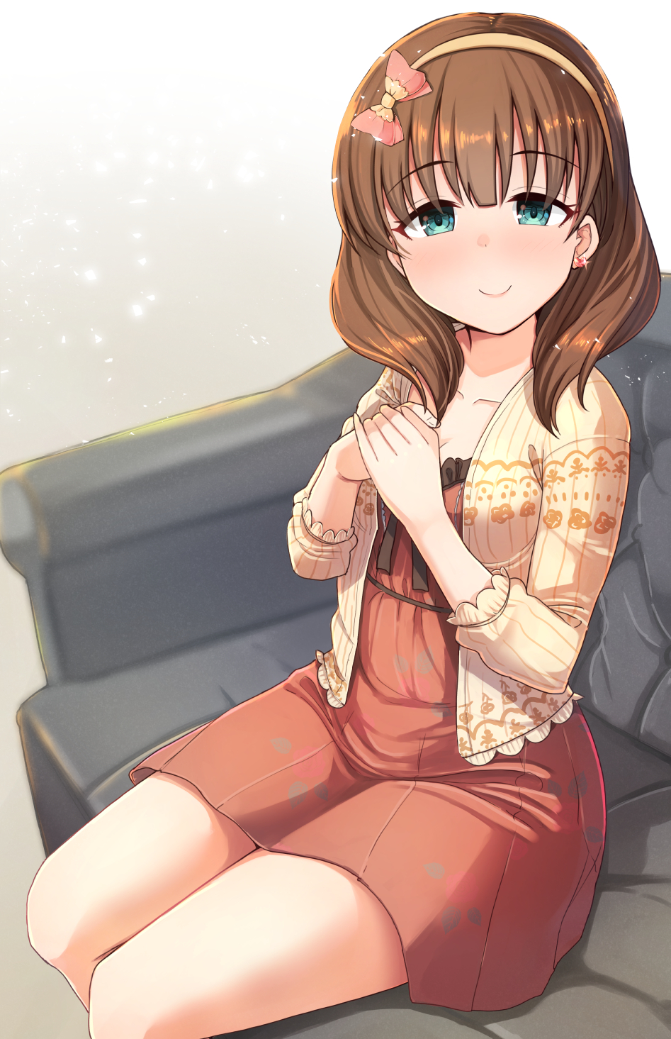 1girl bangs blush brown_dress brown_hair brown_jacket closed_mouth dress eyebrows_visible_through_hair feet_out_of_frame gaichi gradient gradient_background green_eyes grey_background hands_together hands_up highres idolmaster idolmaster_cinderella_girls jacket long_sleeves looking_at_viewer open_clothes open_jacket own_hands_together sakuma_mayu sitting smile solo white_background