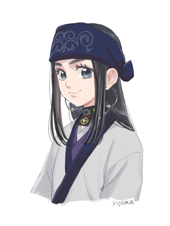 1girl asirpa black_hair blue_eyes blue_headband closed_mouth cropped_torso earrings golden_kamuy grey_kimono headband japanese_clothes jewelry kimono long_hair looking_at_viewer shiny shiny_hair simple_background smile solo white_background yasumi_(yyysm_a)