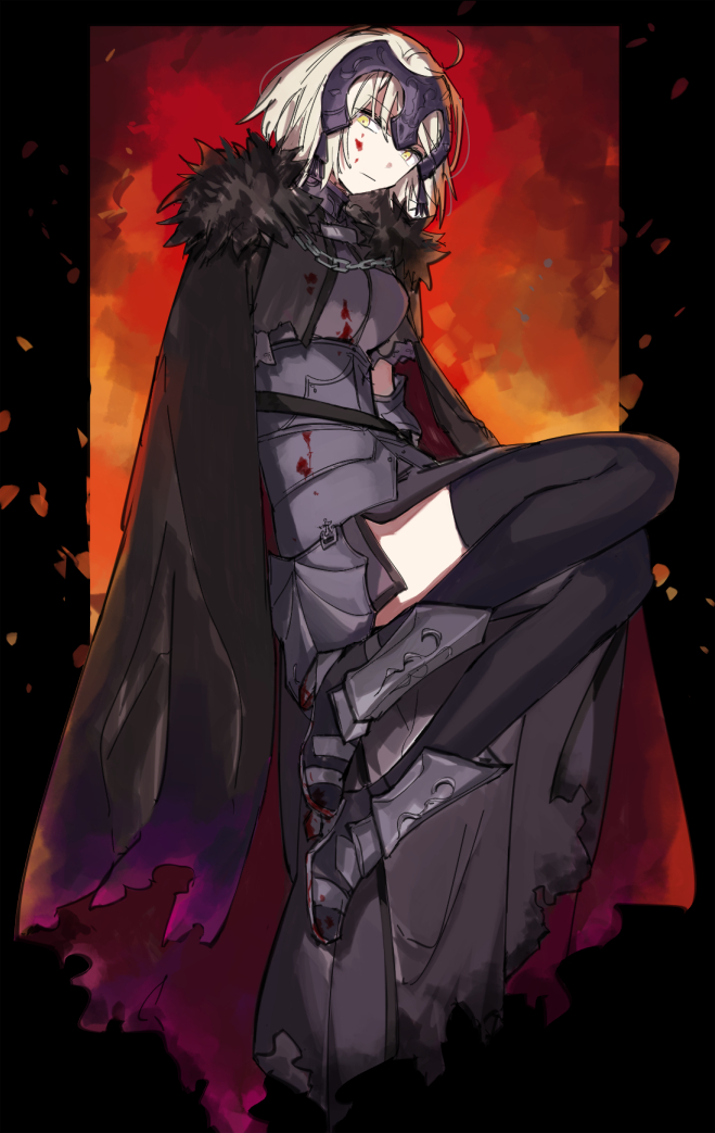 1girl ahoge armor armored_dress bangs black_cape black_dress black_legwear blood blood_on_face bloody_clothes cape dress eyebrows_visible_through_hair fate/grand_order fate_(series) from_side full_body fur-trimmed_cape fur_trim hair_between_eyes headpiece jeanne_d'arc_(alter)_(fate) jeanne_d'arc_(fate)_(all) kamei_(yamatomo24) short_hair silver_hair sketch solo thigh-highs yellow_eyes