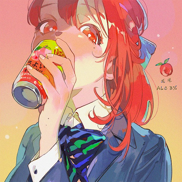 1girl blush bow bowtie can collared_shirt drinking gradient gradient_background holding holding_can kuribulb long_hair long_sleeves mole mole_under_eye orange_background original pink_background portrait red_eyes redhead shirt solo striped striped_neckwear white_shirt