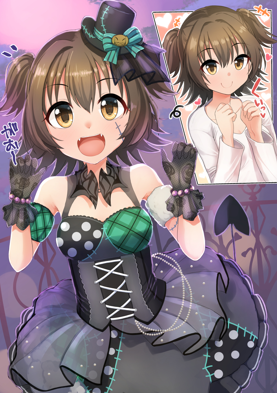 +++ 1girl :d akagi_miria bangs bare_shoulders black_dress black_gloves blush breasts brown_eyes brown_hair claw_pose closed_mouth demon_tail dress eyebrows_visible_through_hair fangs gaichi gloves hair_between_eyes hands_up heart highres idolmaster idolmaster_cinderella_girls long_sleeves looking_at_viewer multiple_views notice_lines open_mouth plaid polka_dot scar scar_on_cheek scar_on_face shirt short_hair small_breasts smile tail translation_request two_side_up white_shirt