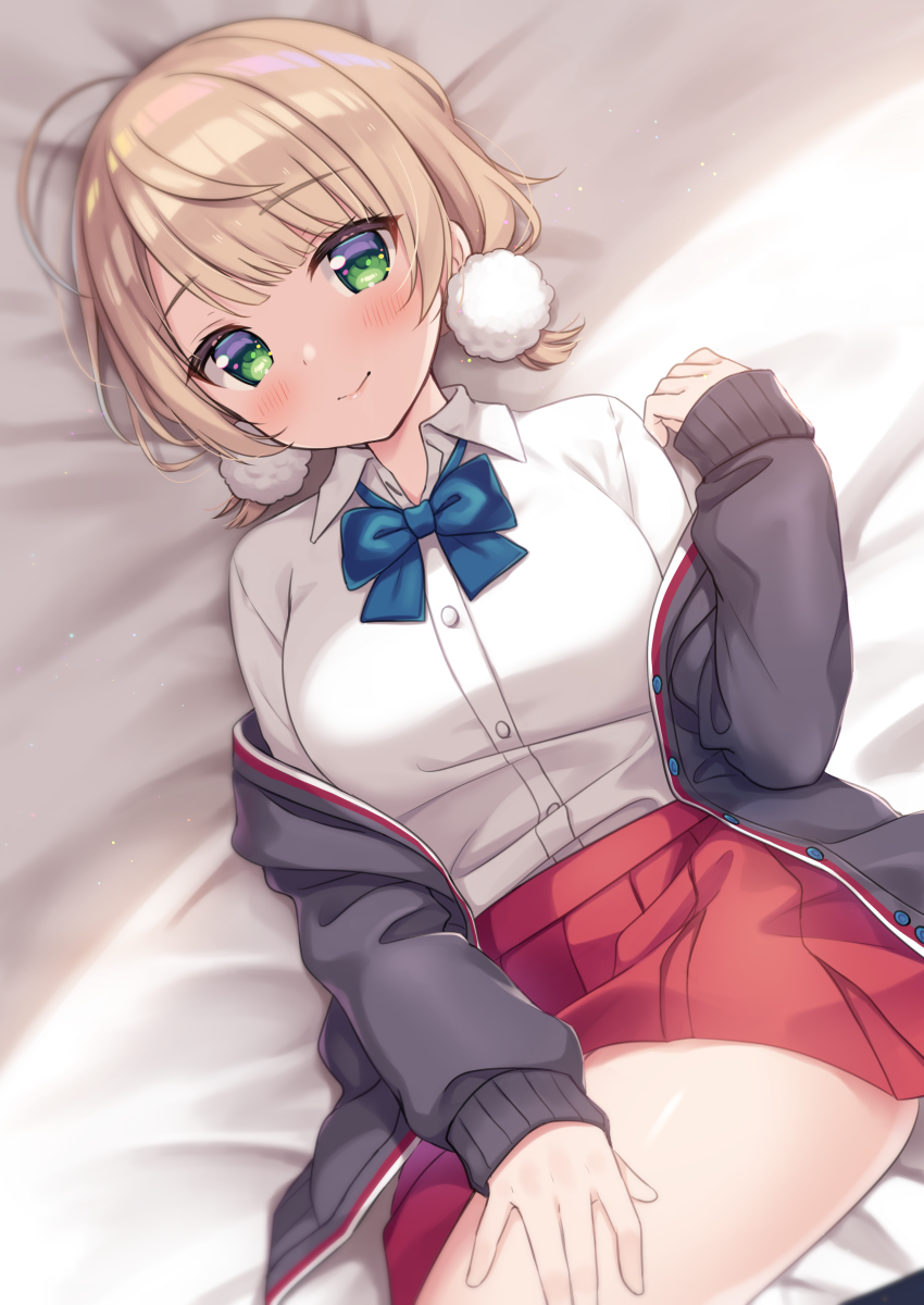 1girl bangs bed_sheet black_jacket blue_bow blush bow breasts closed_mouth collared_shirt commentary_request dress_shirt eyebrows_visible_through_hair green_eyes hair_pom_pom highres indie_virtual_youtuber jacket light_brown_hair long_hair long_sleeves looking_at_viewer lying off_shoulder on_back open_clothes open_jacket pleated_skirt red_skirt school_uniform shigure_ui_(vtuber) shirt short_hair skirt sleeves_past_wrists small_breasts smile solo sumisaki_yuzuna virtual_youtuber white_shirt