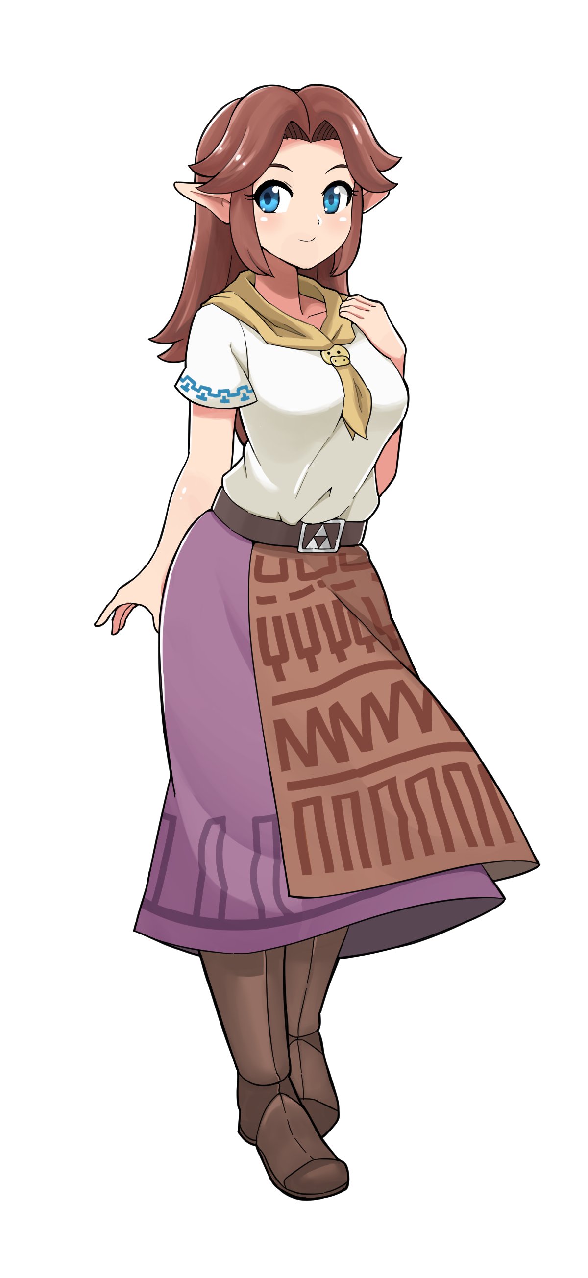 1girl absurdres babusgames bangs belt blue_eyes blush boots breasts brown_belt brown_footwear brown_hair closed_mouth collarbone commentary hand_up highres long_hair long_skirt looking_at_viewer malon medium_breasts parted_bangs pink_skirt pointy_ears shirt short_sleeves simple_background skirt smile solo standing the_legend_of_zelda the_legend_of_zelda:_ocarina_of_time triforce white_background