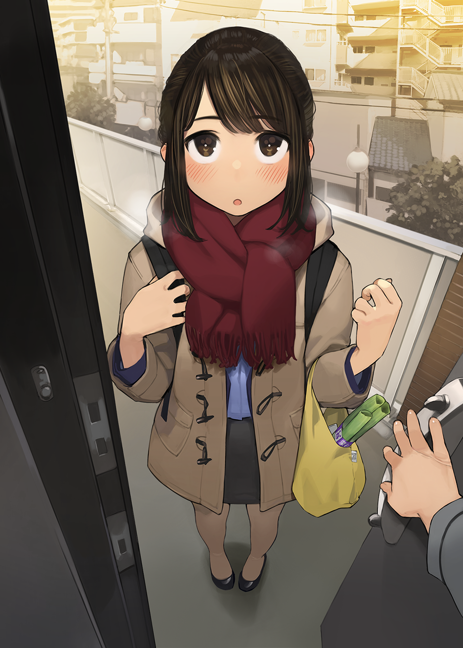 1boy 1girl :o apartment backpack bag bangs beige_coat black_footwear black_legwear black_skirt blue_shirt blush breath brown_eyes brown_hair building coat commentary_request door door_handle douki-chan_(yomu_(sgt_epper)) eyebrows_visible_through_hair ganbare_douki-chan grocery_bag high_heels highres lamppost long_sleeves looking_at_viewer office_lady open_mouth opening_door outdoors pantyhose parted_bangs pencil_skirt pov red_scarf scarf senpai_(yomu_(sgt_epper)) shirt shoes shopping_bag short_hair sidelocks skirt tree yomu_(sgt_epper)