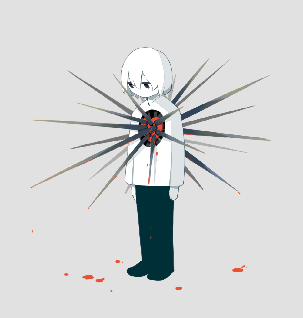 1boy avogado6 black_eyes black_footwear black_pants bleeding blood colored_skin commentary_request grey_background heart heart_(organ) hole_in_chest hole_on_body jitome original pants shirt simple_background solo spikes white_hair white_shirt white_skin