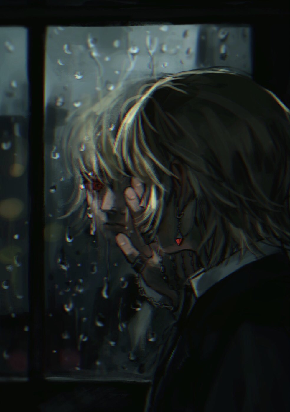 1boy bangs black_jacket black_neckwear black_suit blonde_hair chain closed_mouth clouds cloudy_sky collared_shirt crying crying_with_eyes_open earrings facing_away formal hair_between_eyes hand_on_window highres hunter_x_hunter indoors jacket jewelry kurapika lips looking_out_window male_focus necktie rain red_eyes reflection ring shirt short_hair sky solo suit tears thumb_ring umi_(k_mpk) upper_body water_drop white_shirt window