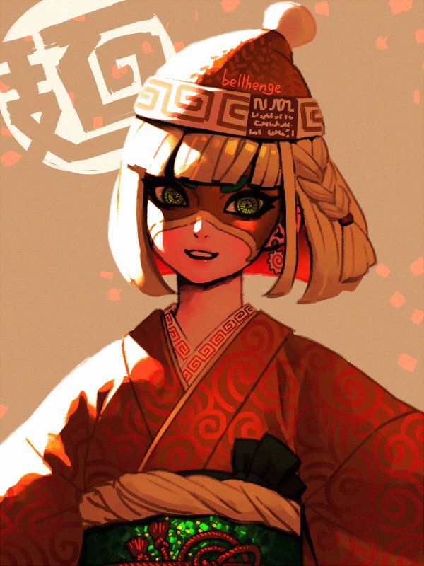 1girl arms_(game) beanie bellhenge blonde_hair domino_mask eyebrows_visible_through_mask flower food green_eyes hair_flower hair_ornament hat japanese_clothes kimono knit_hat looking_at_viewer mask min_min_(arms) new_year noodles obi print_kimono ribbon_hair sash solo super_smash_bros.