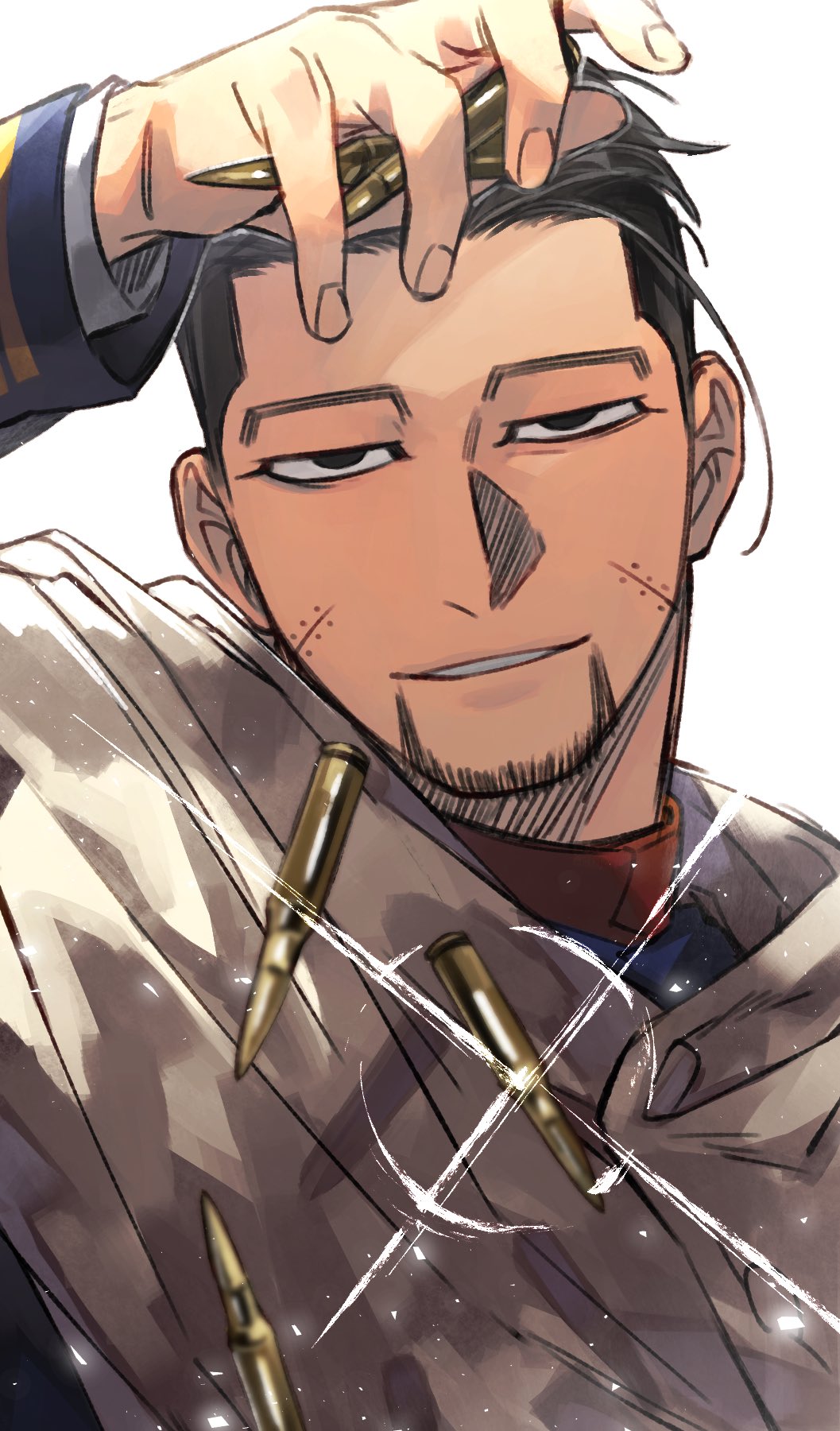 1boy ammunition arm_up black_eyes black_hair blue_jacket cape collared_jacket commentary_request facial_hair golden_kamuy hair_slicked_back hair_strand highres holding imperial_japanese_army jacket long_sleeves looking_at_viewer male_focus military military_uniform ogata_hyakunosuke oziozi_kamuy parted_lips scar scar_on_cheek scar_on_face short_hair simple_background smile solo stubble undercut uniform upper_body white_background white_cape