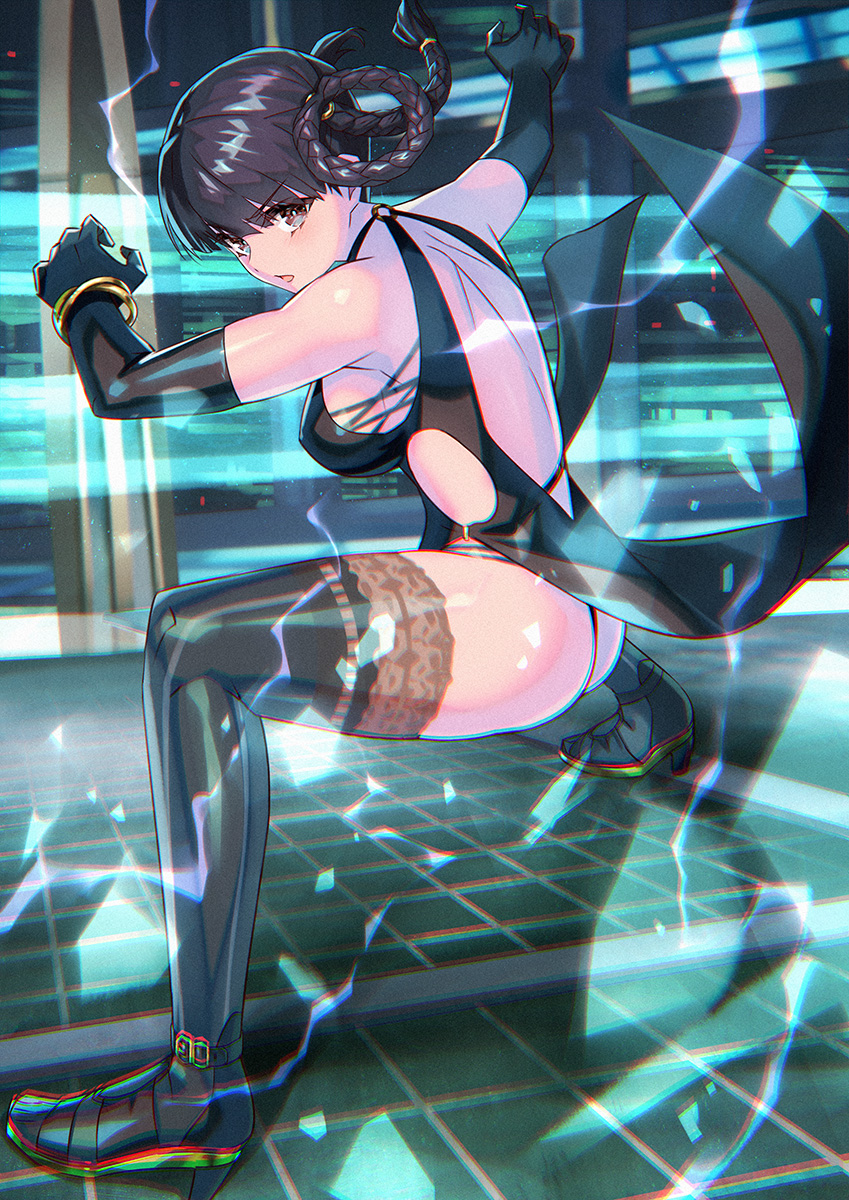 1girl black_gloves black_legwear bracelet braid breasts brown_eyes brown_hair dead_or_alive electricity eyebrows_visible_through_hair fighting_stance gloves highres jewelry lei_fang looking_at_viewer medium_breasts twin_braids yagi2013