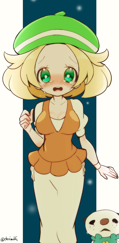 1girl bianca_(pokemon) blonde_hair blush breasts chorimokki crying dress gen_5_pokemon green_eyes hat looking_at_viewer open_mouth oshawott pokemon pokemon_(creature) pokemon_(game) pokemon_bw short_hair