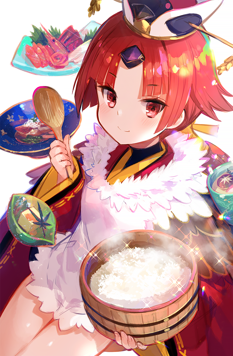 1girl apron benienma_(fate/grand_order) fate/grand_order fate_(series) food fuzichoco highres meat ohitsu red_eyes redhead rice rice_spoon shrimp smile soup sparkle wide_sleeves