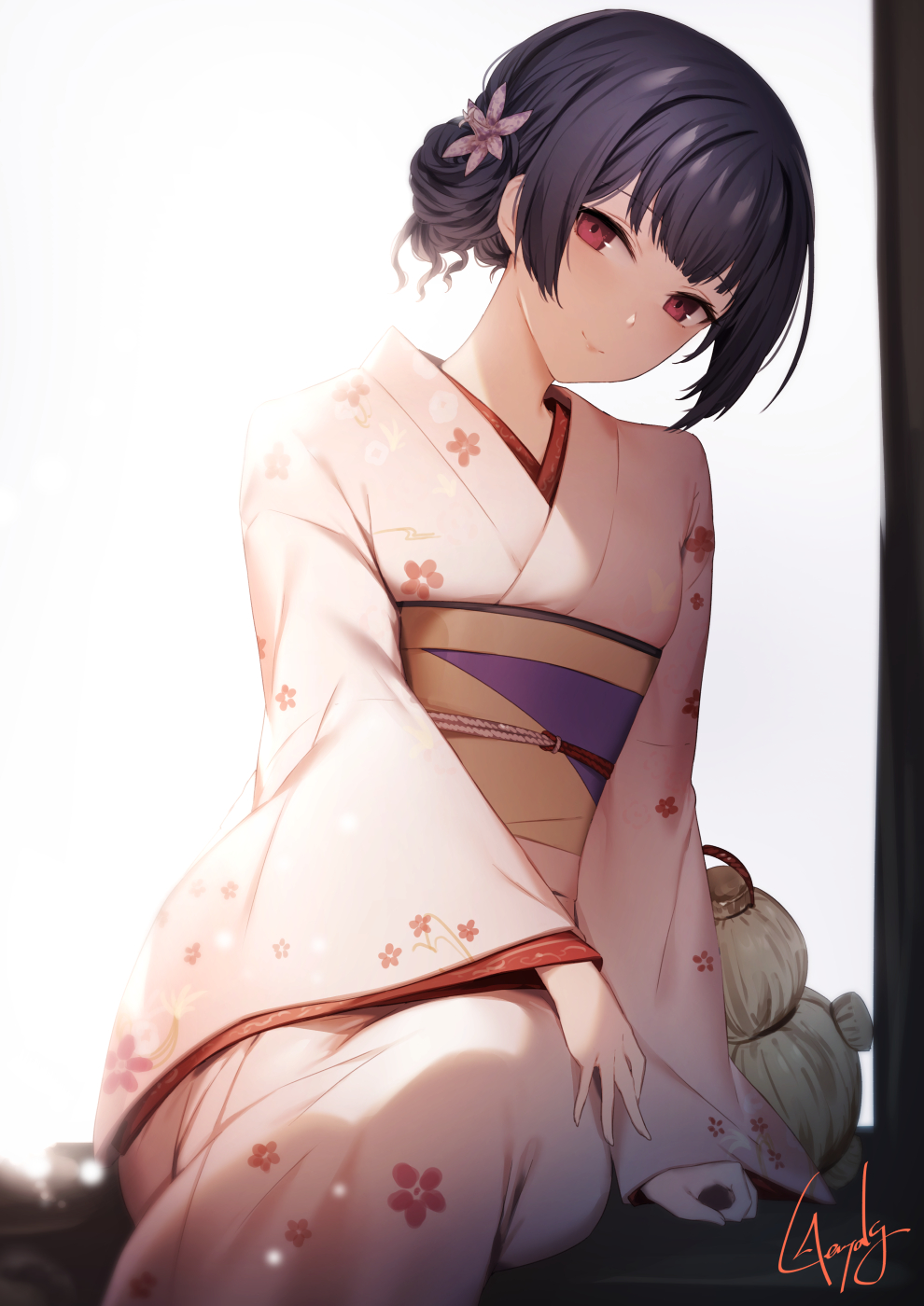 1girl bangs blue_hair breasts floral_print flower genyaky hair_flower hair_ornament highres idolmaster idolmaster_shiny_colors japanese_clothes kimono long_sleeves looking_at_viewer morino_rinze obi red_eyes sash short_hair sitting small_breasts smile white_kimono wide_sleeves