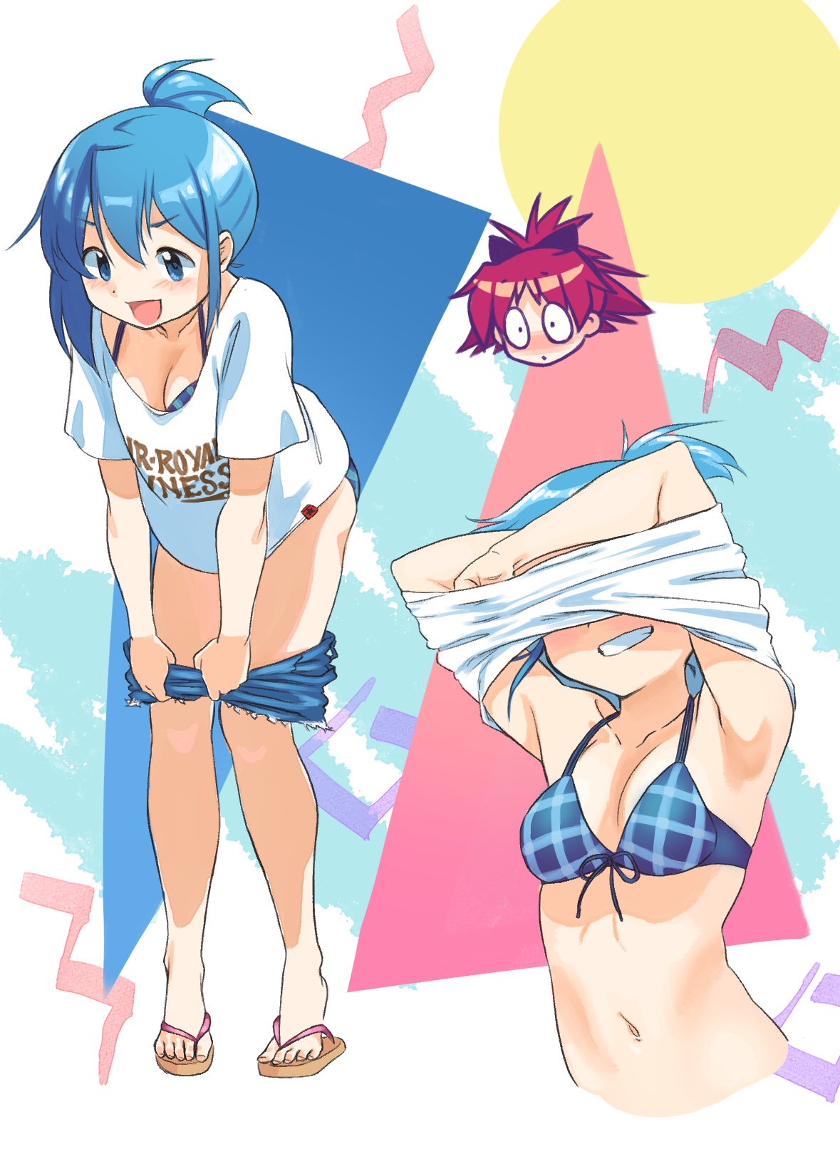 2girls armpits arms_up bare_arms bare_legs bikini bikini_under_clothes blue_eyes blue_hair bow breasts collarbone commentary covered_eyes denim english_commentary gloamy grin hair_bow halterneck highres leaning_forward looking_at_another looking_down mahou_shoujo_madoka_magica medium_hair miki_sayaka multiple_girls multiple_views navel open_mouth plaid plaid_bikini plaid_swimsuit redhead sakura_kyouko sandals shiny shiny_hair shirt shirt_over_head short_sleeves shorts small_breasts smile spiky_hair standing stomach swimsuit t-shirt tied_hair toes undressing wide-eyed yuri