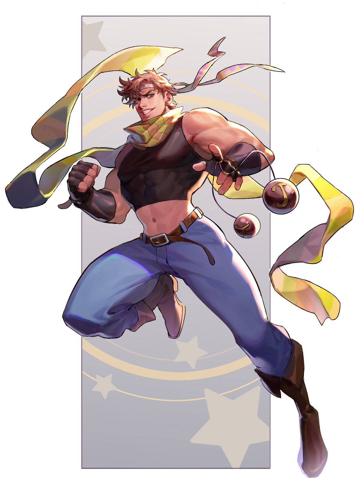 1boy abs atiti_(ttttt945) bare_shoulders battle_tendency belt black_gloves blue_pants bola_(weapon) boots brown_footwear brown_hair clacker clenched_hand crop_top denim full_body gloves green_eyes grin headband highres jeans jojo_no_kimyou_na_bouken joseph_joestar_(young) knee_boots leg_up male_focus midriff multicolored multicolored_clothes multicolored_scarf muscular navel pants scarf short_hair skin_tight smile solo star_(symbol) striped striped_scarf