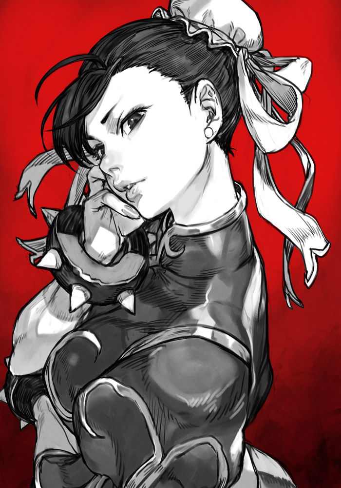 1girl bracelet breasts bun_cover china_dress chinese_clothes chun-li double_bun dress earrings fingernails from_side greyscale hair_between_eyes hand_on_own_face hankuri hankuri jewelry large_breasts lips looking_at_viewer monochrome red_background sash shaded_face short_hair simple_background solo spiked_bracelet spikes street_fighter teeth tied_hair