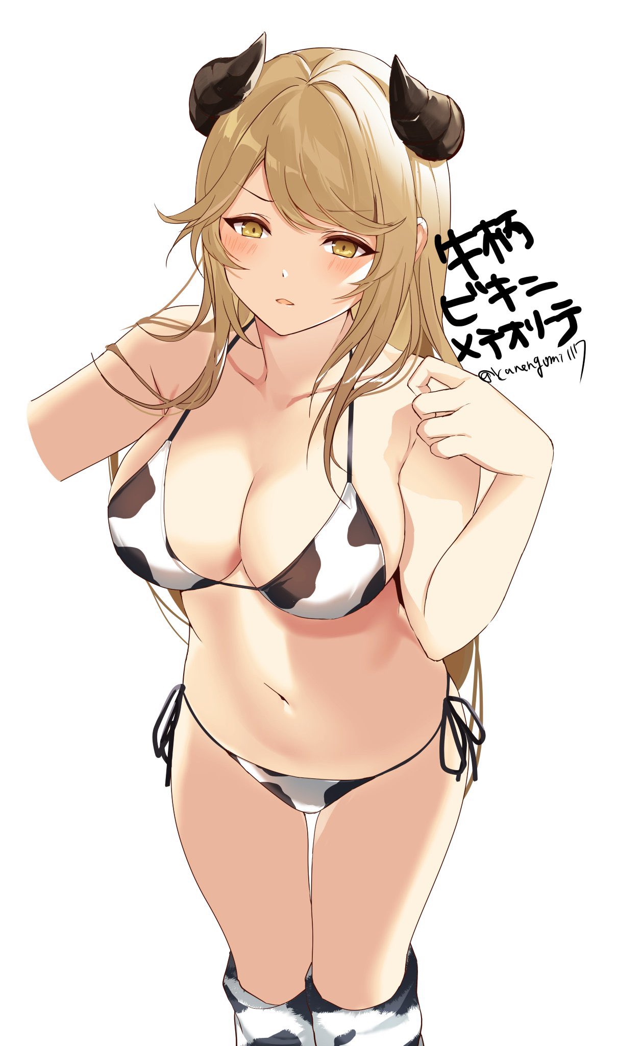 1girl alternate_costume animal_print arknights bikini blonde_hair breasts collarbone cow_print feet_out_of_frame hand_up highres horns kanengomi large_breasts long_hair looking_at_viewer meteorite_(arknights) navel open_mouth parted_lips side-tie_bikini stomach swimsuit thighs twitter_username very_long_hair white_background white_bikini white_legwear yellow_eyes
