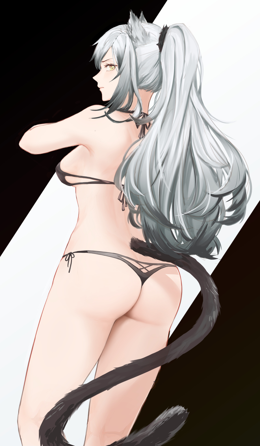 1girl animal_ears arknights ass bare_shoulders bikini black_bikini breasts cat_ears cat_tail commentary_request cowboy_shot from_behind highres long_hair looking_at_viewer looking_back medium_breasts olin_(nienxddd) partial_commentary schwarz_(arknights) side-tie_bikini silver_hair solo standing swimsuit tail thighs very_long_hair