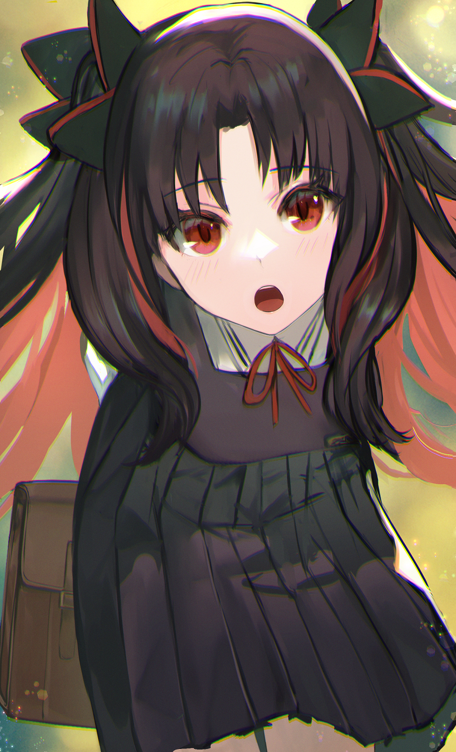 1girl bangs black_hair breasts dolce_(dolsuke) fate/grand_order fate_(series) grey_skirt highres ishtar_(fate)_(all) leaning_forward long_hair long_sleeves looking_at_viewer multicolored_hair parted_bangs red_eyes redhead skirt small_breasts space_ishtar_(fate) two-tone_hair two_side_up younger