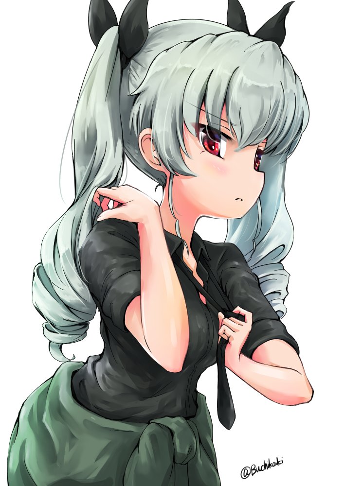1girl anchovy_(girls_und_panzer) anzio_military_uniform bangs black_neckwear black_ribbon black_shirt buchikaki clothes_around_waist commentary dress_shirt drill_hair eyebrows_visible_through_hair girls_und_panzer green_hair hair_ribbon hand_in_hair leaning_forward long_hair looking_at_viewer loose_necktie military military_uniform necktie necktie_grab neckwear_grab pants parted_lips red_eyes ribbon shirt short_sleeves sleeves_rolled_up solo standing twin_drills twintails twitter_username uniform wing_collar